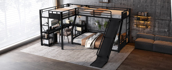 English Elm L-shaped Metal Triple Bunk Bed with Slide Desk and Storage for Shared Kids Rooms W1580S00568