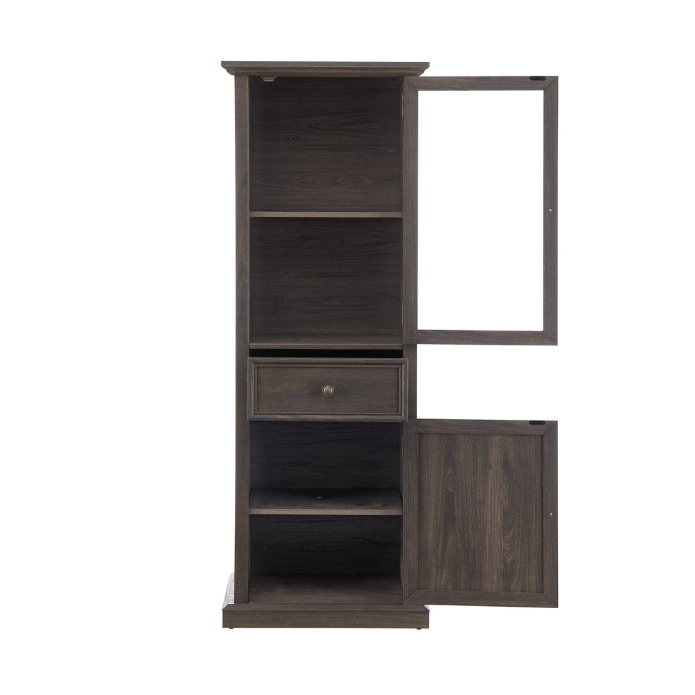 English Elm Tall Glass Storage Cabinet with Classic Farmhouse Design, Ample Shelves, Drawer & Smooth Finish Brown W2275P206603