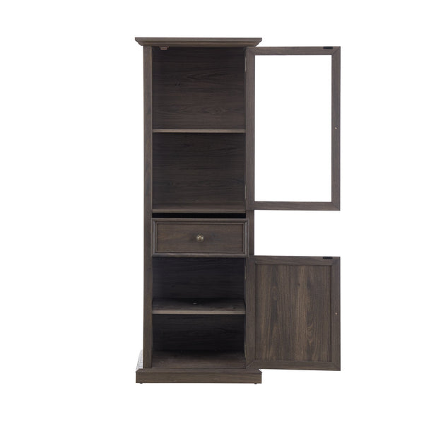 English Elm Tall Glass Storage Cabinet with Classic Farmhouse Design, Ample Shelves, Drawer & Smooth Finish Brown W2275P206603