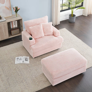 English Elm 39-inch Spring Corduroy Armchair and Ottoman Set with Cup Holder, Plush Sponge Cushions, 350lb Support Pink W1658S00047