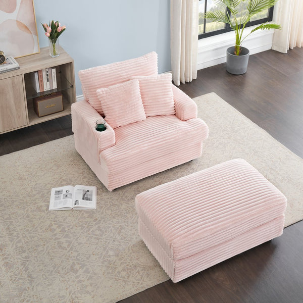 English Elm 39-inch Spring Corduroy Armchair and Ottoman Set with Cup Holder, Plush Sponge Cushions, 350lb Support Pink W1658S00047