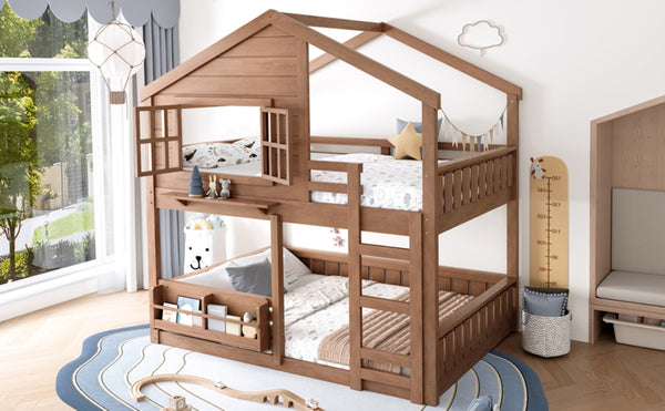 English Elm Full Bunk Bed with Trundle Bookshelf Storage Pine Frame Car Design for Kids Natural W1580S00522