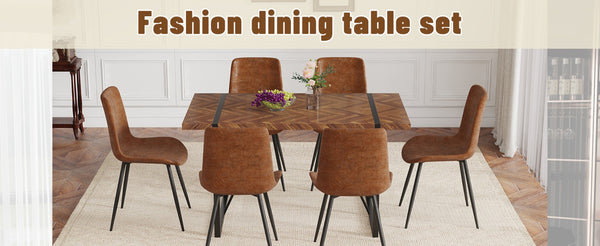 English Elm Table and Chair Set Fishbone Mdf Top with Six Brown Upholstered Seats for Dining W1151S03139