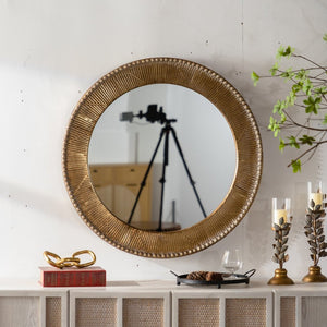 English Elm 31.3" Gold Iron Round Mirror Ribbed Texture Rivets Bohemian Accent for Bedroom W3158P407140