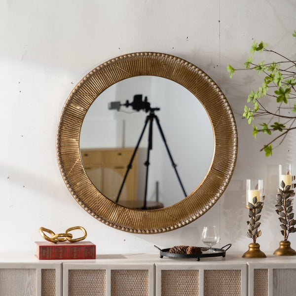 English Elm 31.3" Gold Iron Round Mirror Ribbed Texture Rivets Bohemian Accent for Bedroom W3158P407140