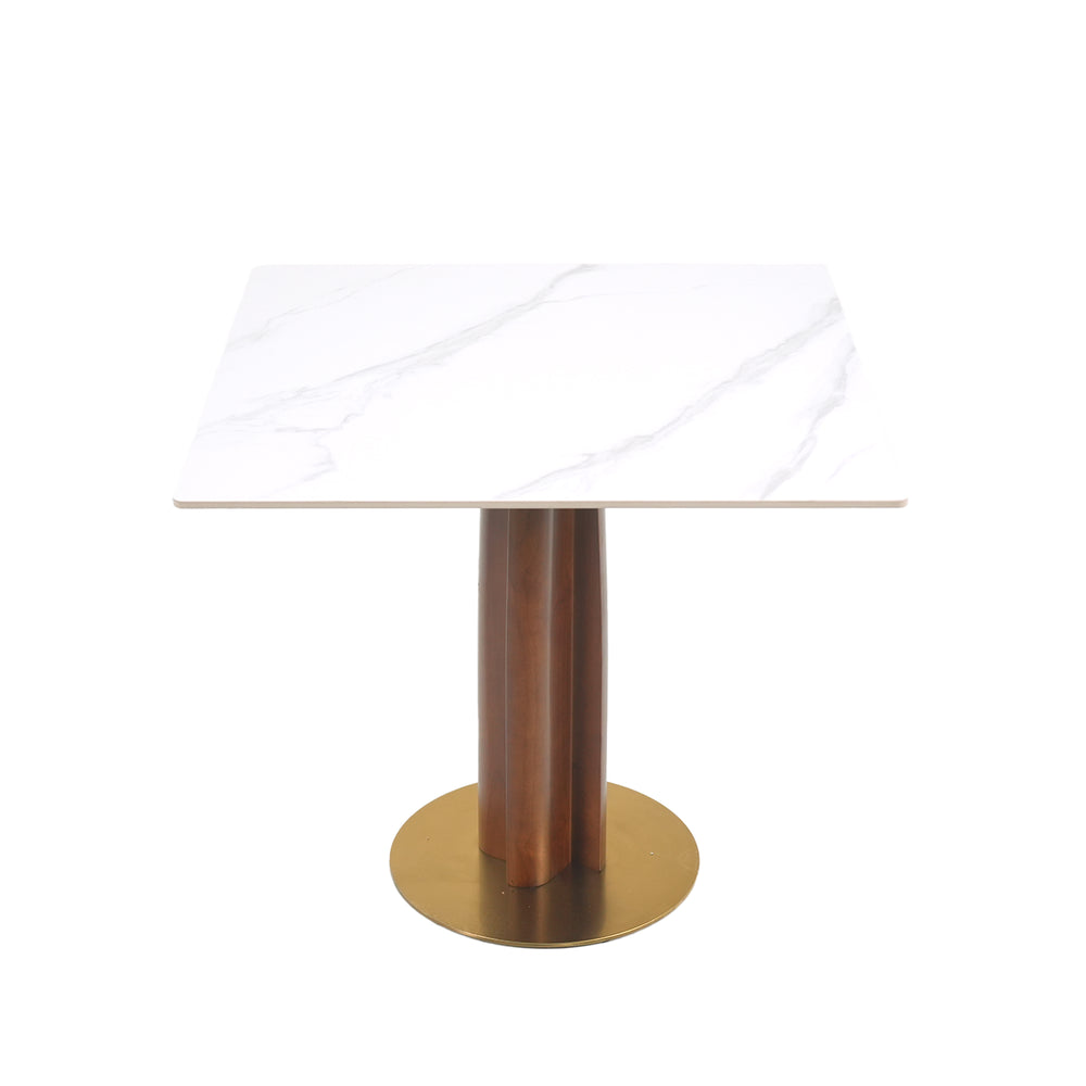 English Elm Modern Square Dining Table, 33.5" Sintered Stone Top With Wooden Legs & Gold Base - 2-Person Design W1535S00609