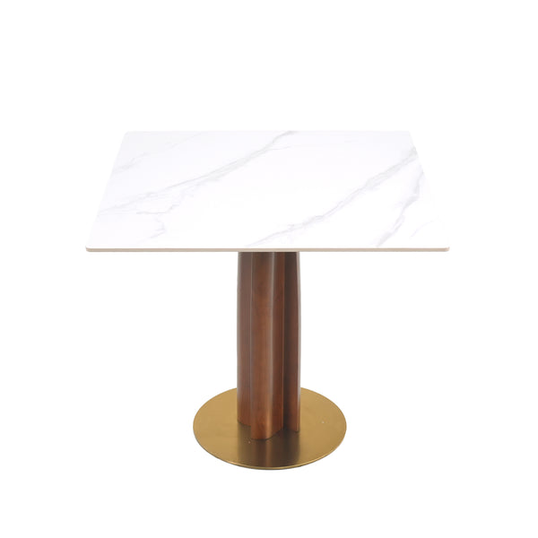 English Elm Modern Square Dining Table, 33.5" Sintered Stone Top With Wooden Legs & Gold Base - 2-Person Design W1535S00609