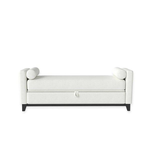 English Elm 66 Inch Sherpa Upholstered Storage Bench with Fluted Wood Base and Bolster Pillows W1658P446122