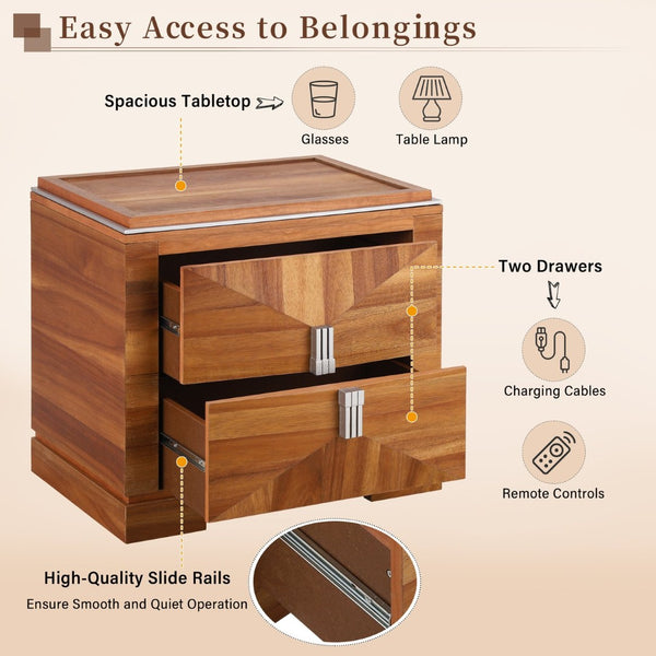 English Elm Mid-century Modern Nightstand with Diamond Geometric Drawers and Heavy Duty Wood Base Light Brown N761P324094M