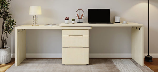 English Elm 90" Rotating L-shape Executive Desk Natural Melamine Mdf Surface Three Drawers Home Office Natural Wood N751S383638K