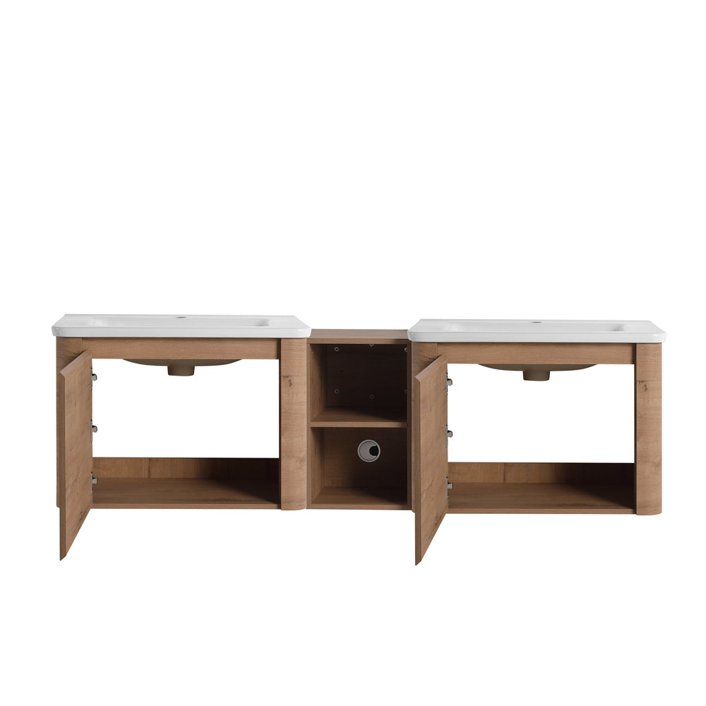 English Elm 68'' Wall-Mounted Bathroom Vanity with White Ceramic Sink, Plywood Shelves, Soft-Close Door Elegance W999S00382