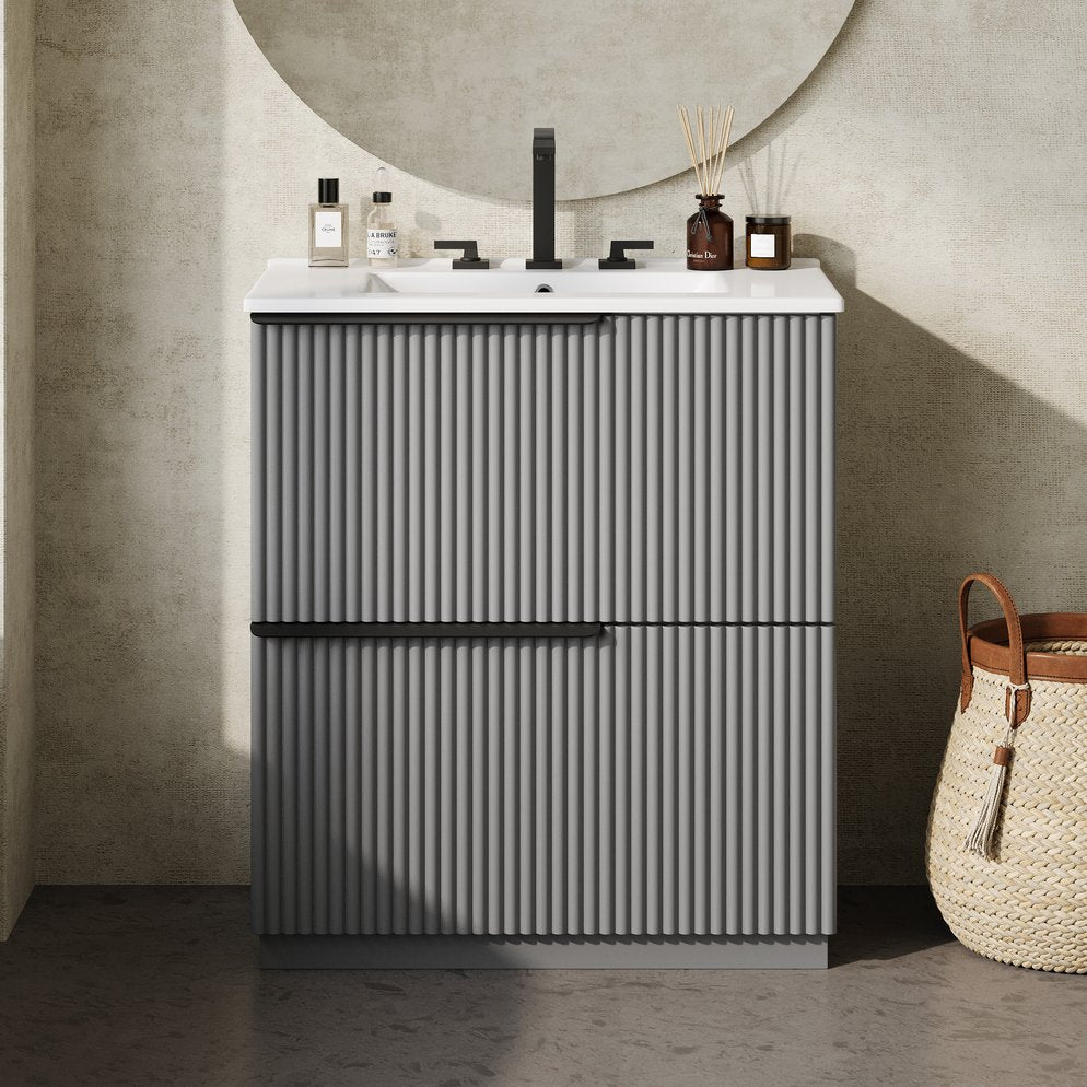 English Elm Christopher Knight Home® - 30" Fluted Gray Bathroom Vanity With Glossy Ceramic Sink & Soft-Close Drawers For Modern Spaces N817P288915G