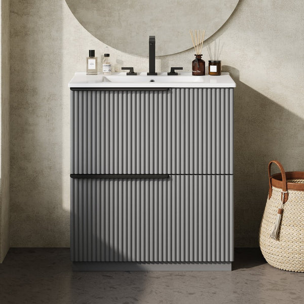 English Elm Christopher Knight Home® - 30" Fluted Gray Bathroom Vanity With Glossy Ceramic Sink & Soft-Close Drawers For Modern Spaces N817P288915G