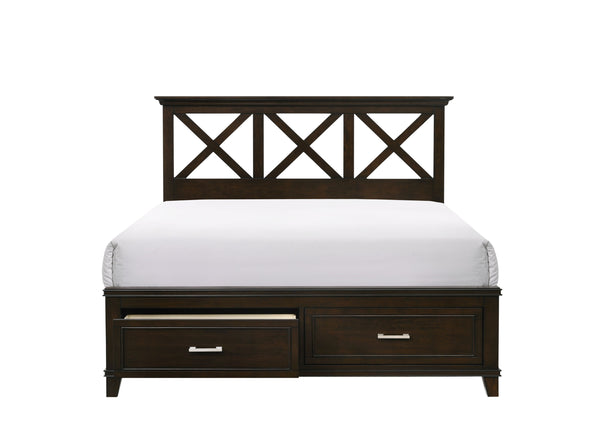 English Elm King Solid Wood Storage Bed with X Headboard, Poplar & Rubberwood Frame, Transitional Design Elegance Mahogany 84 L x 19.75 W x 17 H B2699S00032