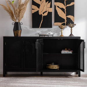 English Elm Modern Storage Sideboard Buffet Cabinet with Black MDF, Rattan Doors, Adjustable Shelves, Sleek Handles W3081P339021