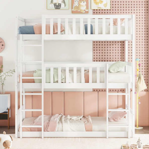 English Elm Twin Triple Rubberwood Bunk Bed with Ladders & Guardrails, Space-Saving Modular Design for Families White W504S00171