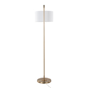 English Elm Puck 63.75" Contemporary Gold Metal Floor Lamp with White Linen Drum Shade, Arched Base & Switch B202P223989