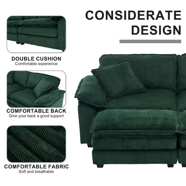 English Elm Corduroy Plush 2-Seat Sofa with 2 Back Cushions, Toss Pillows & Ottomans — Deep Seat Comfort Green W2363S00065