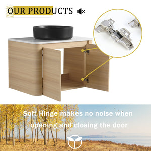 English Elm 30'' Wall-Mounted Bathroom Vanity With Ceramic Art Sink, Soft-Close Doors & Space-Saving Design W999S00463