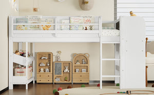 English Elm Twin Low Loft Bed Solid Pine Frame Kids Study Desk Blackboard Storage White W1580S00297