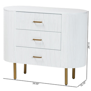 English Elm Mid-century Fluted Mindi Wood Three Drawer Dresser with Tapered Gold Legs B2750P467633