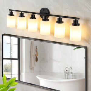 English Elm 39" Modern 6-Light Vanity Wall Sconce With Frosted White Glass & Black Iron Frame For Stylish Lighting W2312P374807