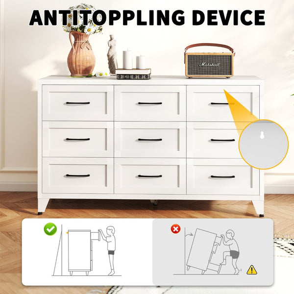English Elm 9 Drawer Steel Dresser Low Profile White Powder Coated Frame Quiet Glide Bedroom Storage T2398P465982