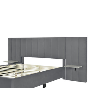 English Elm Queen Upholstered Platform Bed with Oversized Velvet Headboard, Built-In Shelves, Modern Comfort and Support for Relaxation Gray SF000138AAE