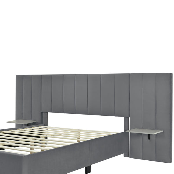 English Elm Queen Upholstered Platform Bed with Oversized Velvet Headboard, Built-In Shelves, Modern Comfort and Support for Relaxation Gray SF000138AAE