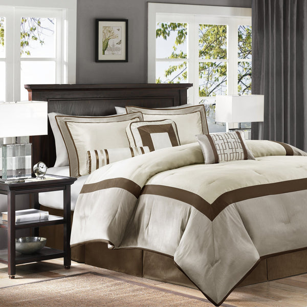 English Elm 7 Piece Comforter Set In Taupe & Brown - Elegant Queen Bedding Ensemble With Decorative Pillows B03597132