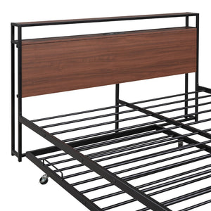 English Elm Queen Steel Platform Bed with Trundle Headboard Shelves and Built-in Usb Charging N708P477431B
