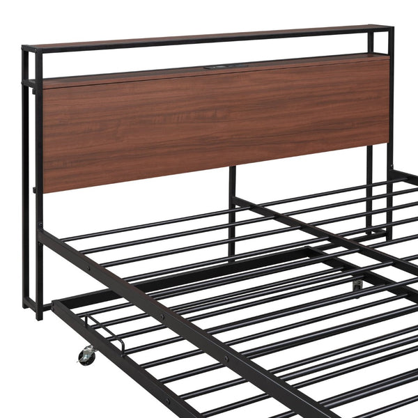 English Elm Queen Steel Platform Bed with Trundle Headboard Shelves and Built-in Usb Charging N708P477431B
