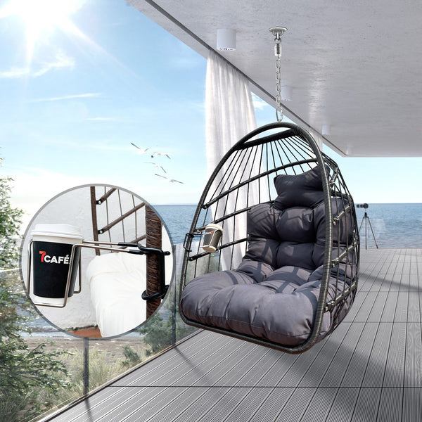 English Elm Swing Hammock Egg Chair with Wood-Grain Alloy Frame, UV-Resistant Rattan, Foldable 350lb Capacity Black W2707P184373