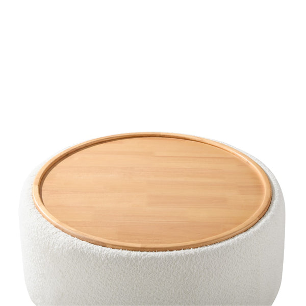 English Elm 29" Round Boucle Storage Ottoman Sculptural Wood Base Reversible Lid Living Room Beige N723P405304A