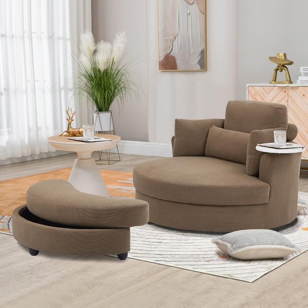 English Elm Round Corduroy Accent Chair and Crescent Storage Stool Set for Modern Living Rooms W308S00211