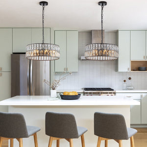 English Elm 18" Black Modern Crystal Drum Chandelier – 6-Light K9 Crystal Pendant with Adjustable Chain, Metal Frame W2312P405329