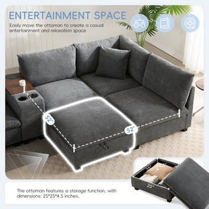 English Elm 139'' U-shaped Corduroy Sectional with Ottoman Console Usb Port and Cup Holders for Living Gray N723S1166E