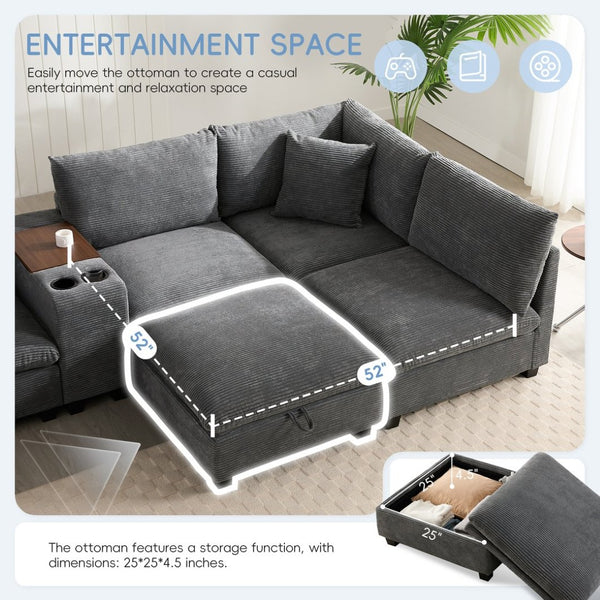 English Elm 139'' U-shaped Corduroy Sectional with Ottoman Console Usb Port and Cup Holders for Living Gray N723S1166E