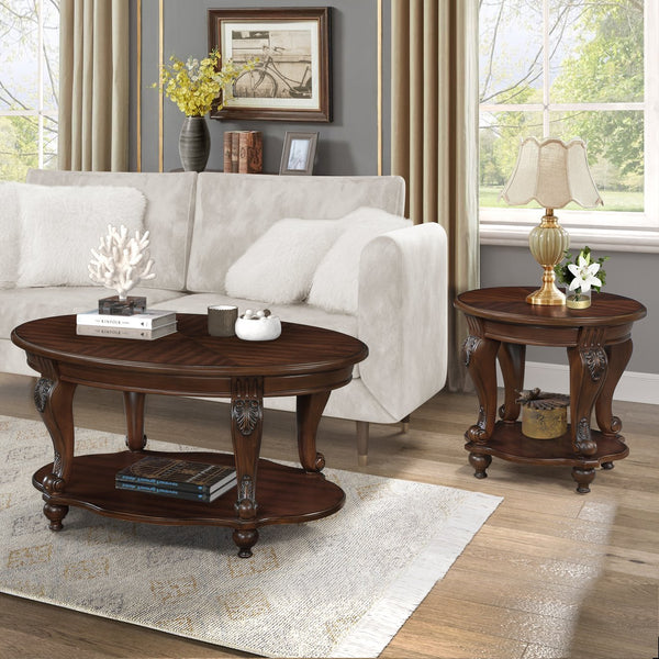 English Elm Living Room Coffee Table Set with Distressed Chipped Wood Top, Solid Wood Legs, Heat-Resistant Veneer Cherry W1202S00002