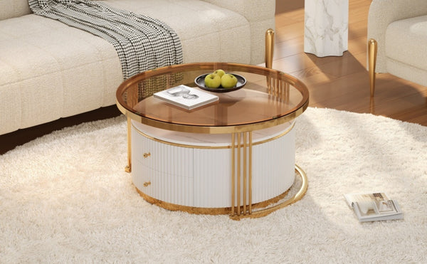 English Elm Modern Round Nesting Coffee Table Set with Gold Pedestal Legs and Storage Drawers Brown,White N735P349323D
