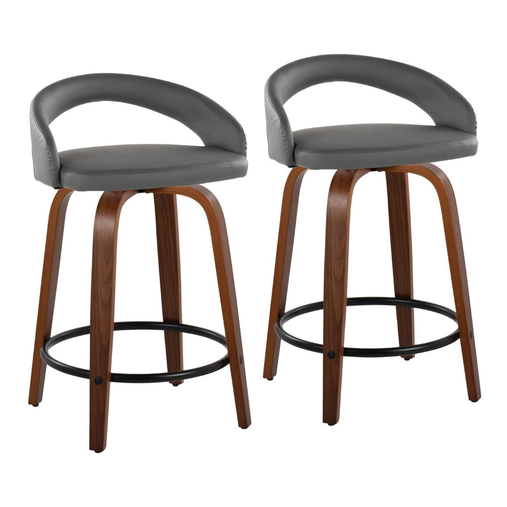 English Elm Fixed-height Swivel Counter Stools Walnut Bentwood Grey Faux Leather Set of 2 B202S01751