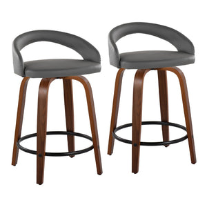English Elm Fixed-height Swivel Counter Stools Walnut Bentwood Grey Faux Leather Set of 2 B202S01751