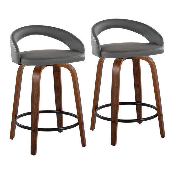 English Elm Fixed-height Swivel Counter Stools Walnut Bentwood Grey Faux Leather Set of 2 B202S01751