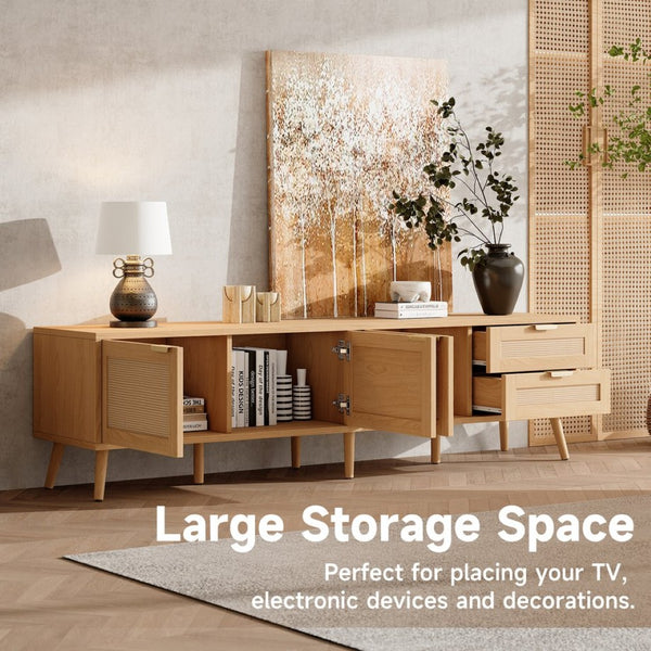 English Elm 70inch Rattan Door Media Console with Pine Legs and Cable Management for Living Room N710P365047P