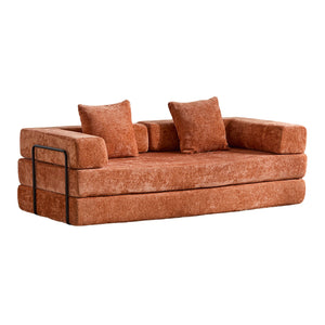 English Elm Floor Couch - Stylish Convertible Futon Sofa Bed With Armrests & Pillow Support In Orange Chenille W3723P344022