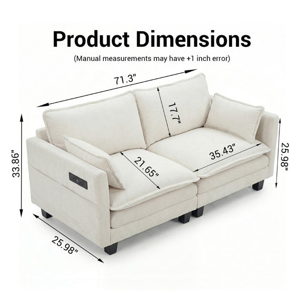 English Elm Modern Chenille Upholstered Loveseat with Usb Ports and Pockets for Compact Living Beige White W2519P486071