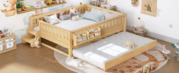 English Elm Queen Bunk Bed with Trundle Solid Pine Kids Car Themed Frame Built-in Bookshelf Light Natural W1580S00563