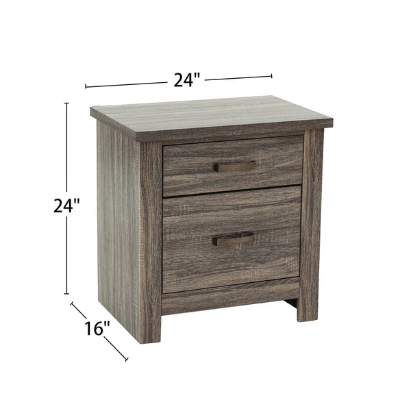 English Elm Wooden Mid-Century 2-Drawer Nightstand in Brown Grain Finish with Metal Hardware and Elongated Design B016P251351