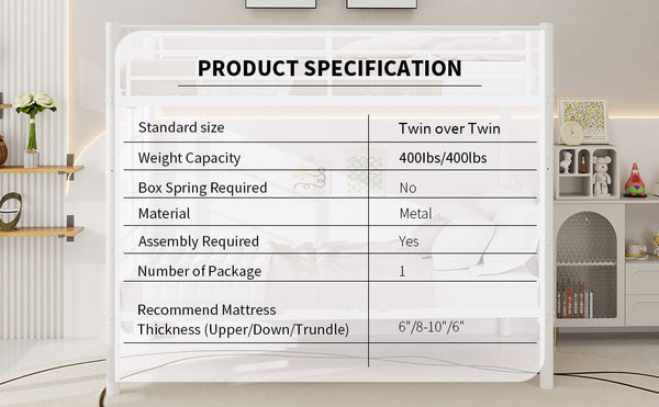 English Elm Twin Metal Bunk Bed for Kids Durable Sturdy Frame with Guardrails & Ladder, Convertible to 2 Beds White W1935P300320