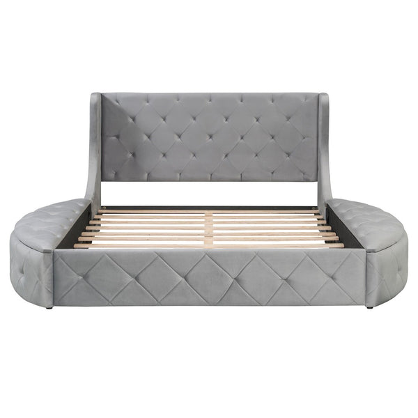 English Elm Upholstered Queen Platform Bed Velvet Wingback Frame with Storage Drawer and Side Stools Gray LP200815AAE